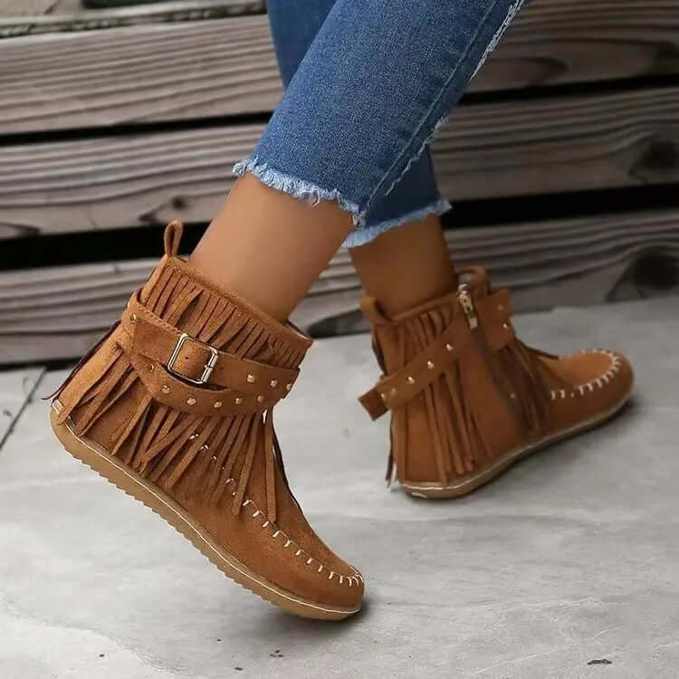 Women's Winter Ankle Boots with Rivet Tassel Detail