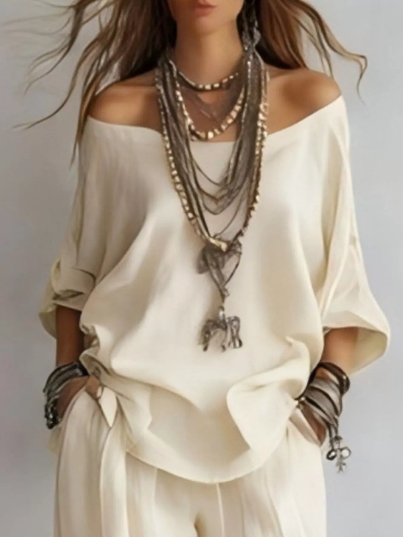 Off-Shoulder Loose Fit Top and Pants Two-Piece Set