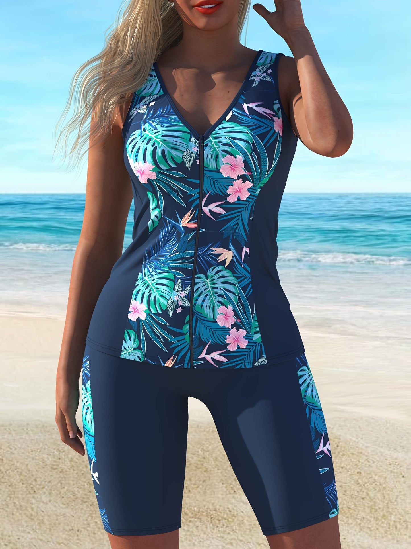 Conjunto de Tankini a Rayas Azules de Moda para Mujer, Perfecto para el Ocio en la Playa.