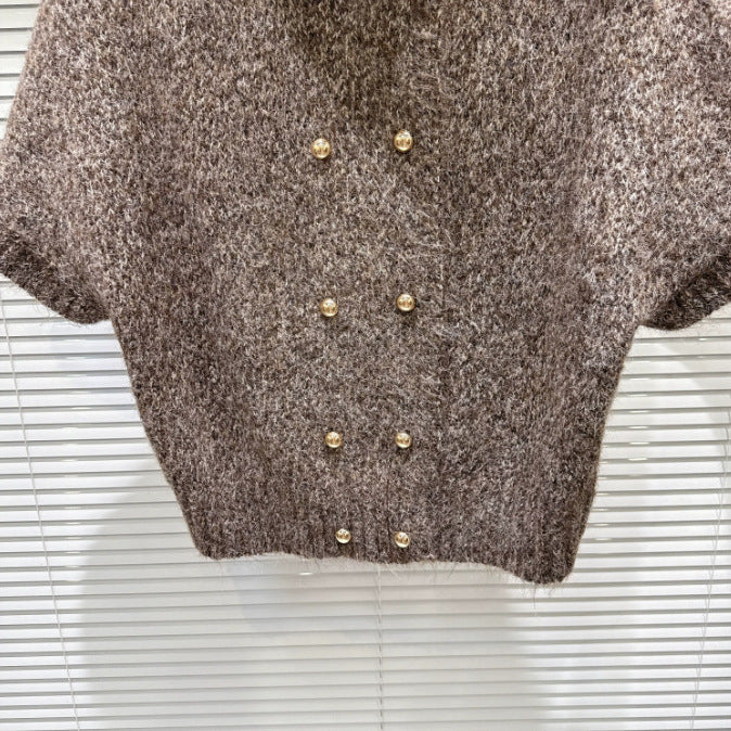 Vintage-style Womens Turtleneck Knit Sweater With Double-breasted Metal Buttons