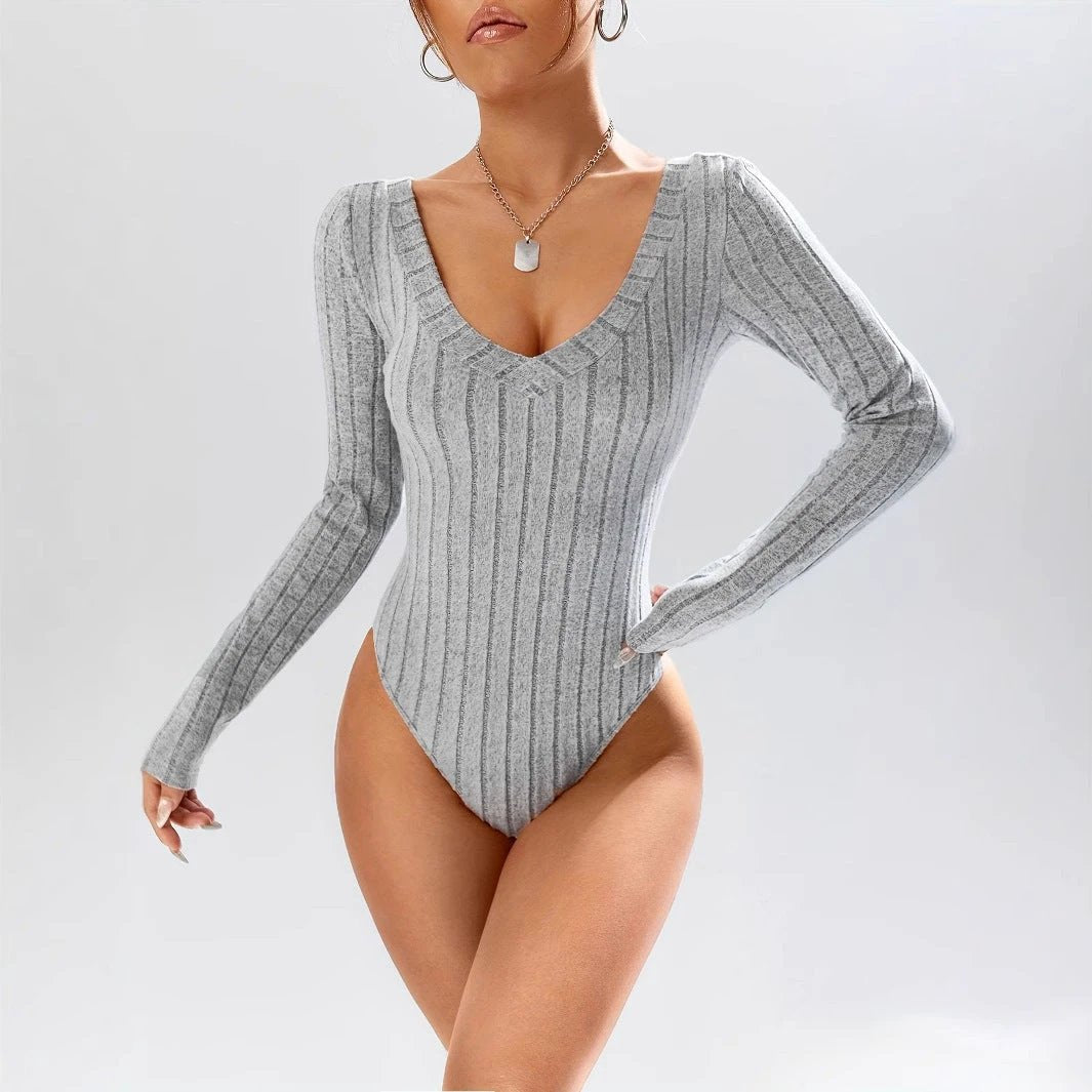 Simple Casual Solid Color Deep V-neck Slim Fit Waist-controlled Long Sleeves Jumpsuit Women