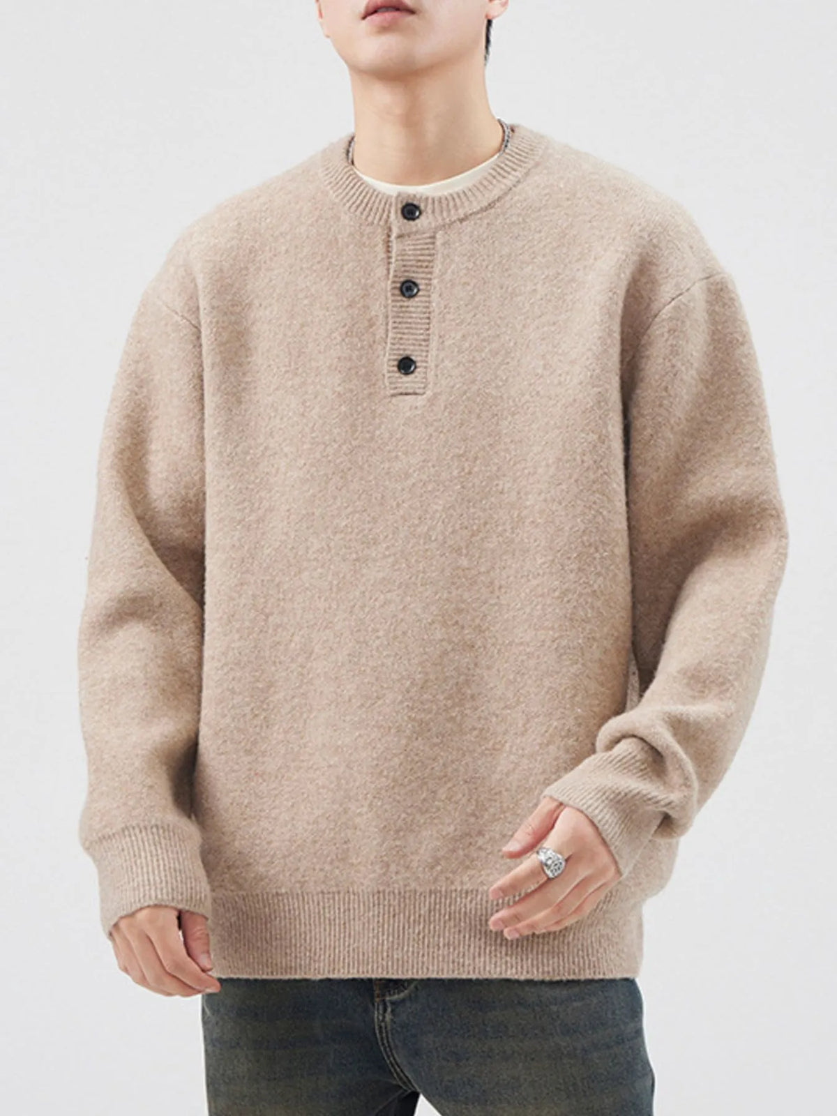 Men's Plus Size Button Detail Ribbed Hem Sweater