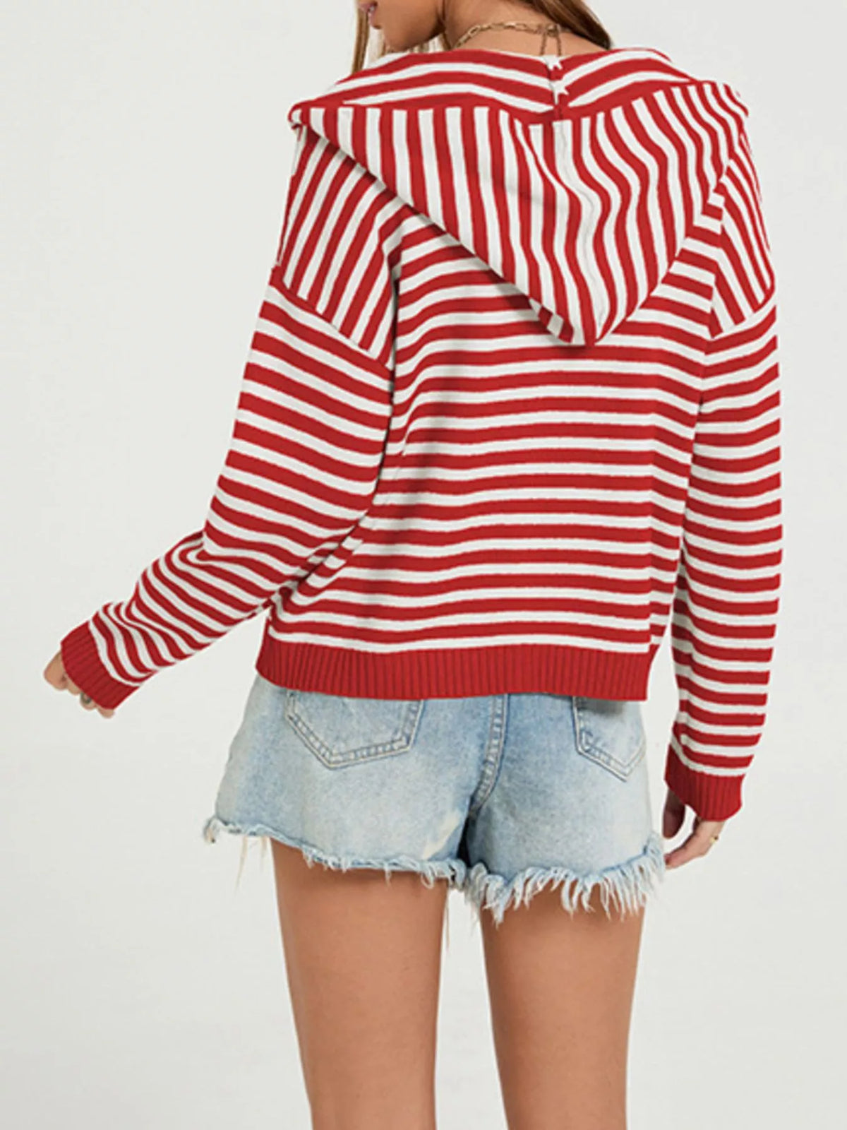Striped Hooded Zip-Up Knit Cardigan
