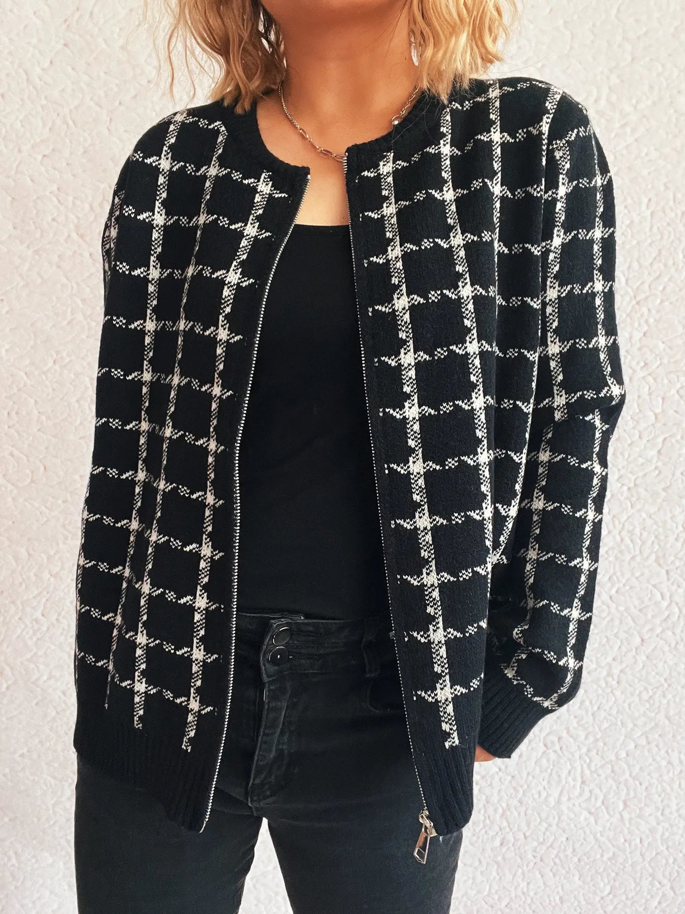 Plaid Pattern Zip Up Cardigan