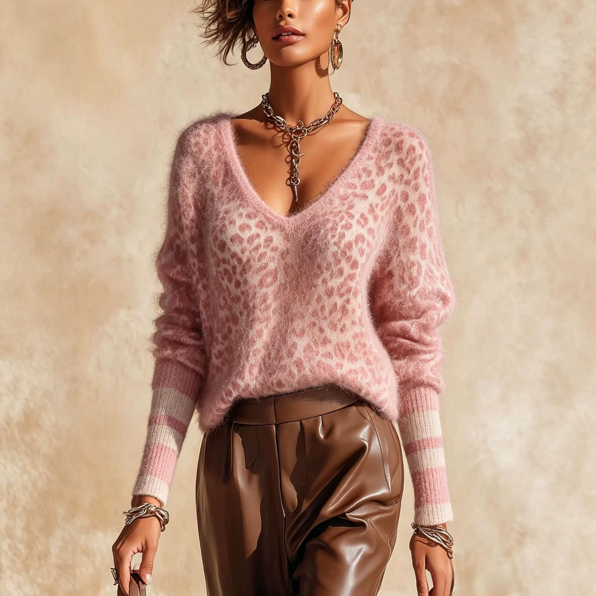 Leopard-print Mohair V-neck Sweater For Women