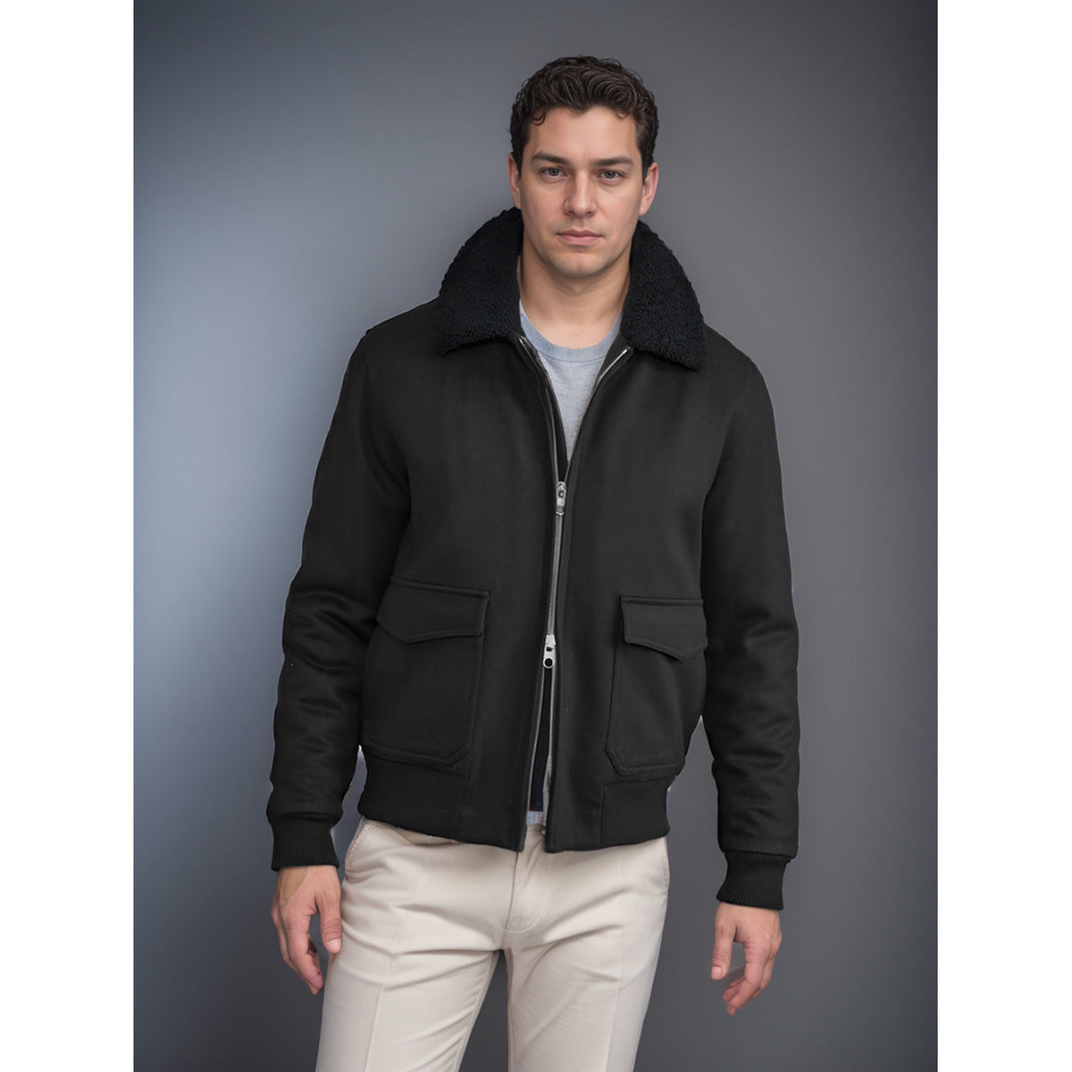Simple Casual Fur Collar Warm Woolen Men's Fashion Zipper Jacket