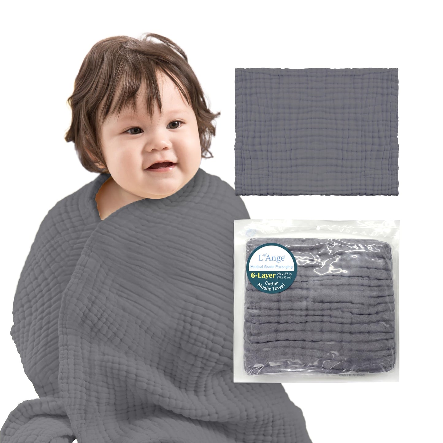 LAnge Baby Towel - 100% Cotton Muslin 6 Layers Quick Dry Medical Grade Packaging for Infants and Newborns - 28 x 37in - Dove Gray