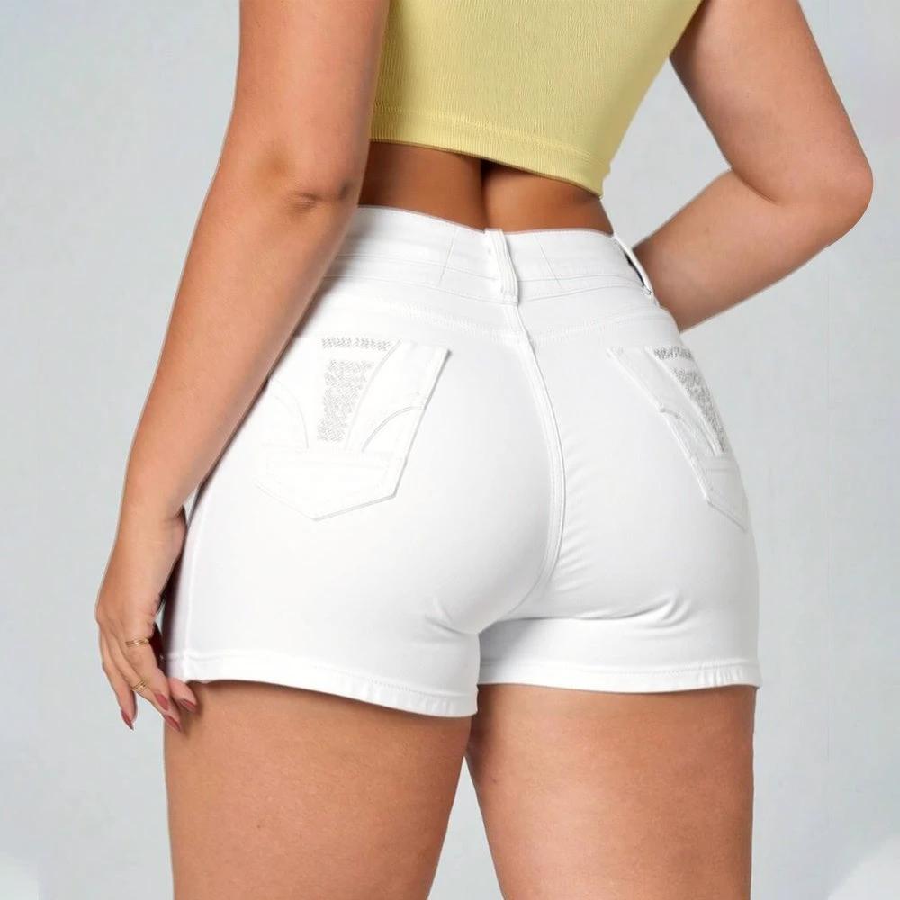 White High Waist Button Shorts Slim Fit Stretch Denim Bling Pocket Hot Girl Summer Look Club Chic Curve Flattering Pants For Women Forbidden Platform - Temu