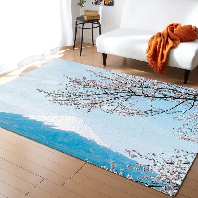 Pastel Cherry Blossom And Crescent Moon Non-Slip Flannel Floor Mat Home Rug Decoration