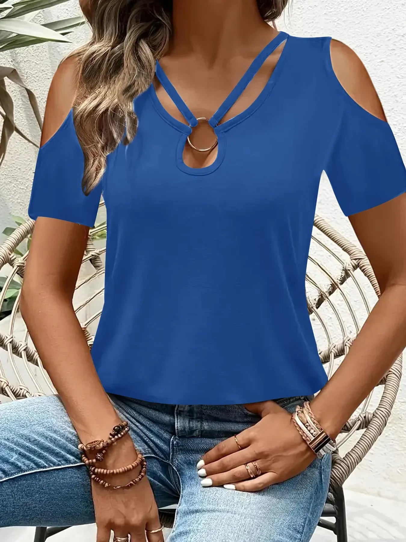 Cold Shoulder T-Shirt with Metal Ring Detail