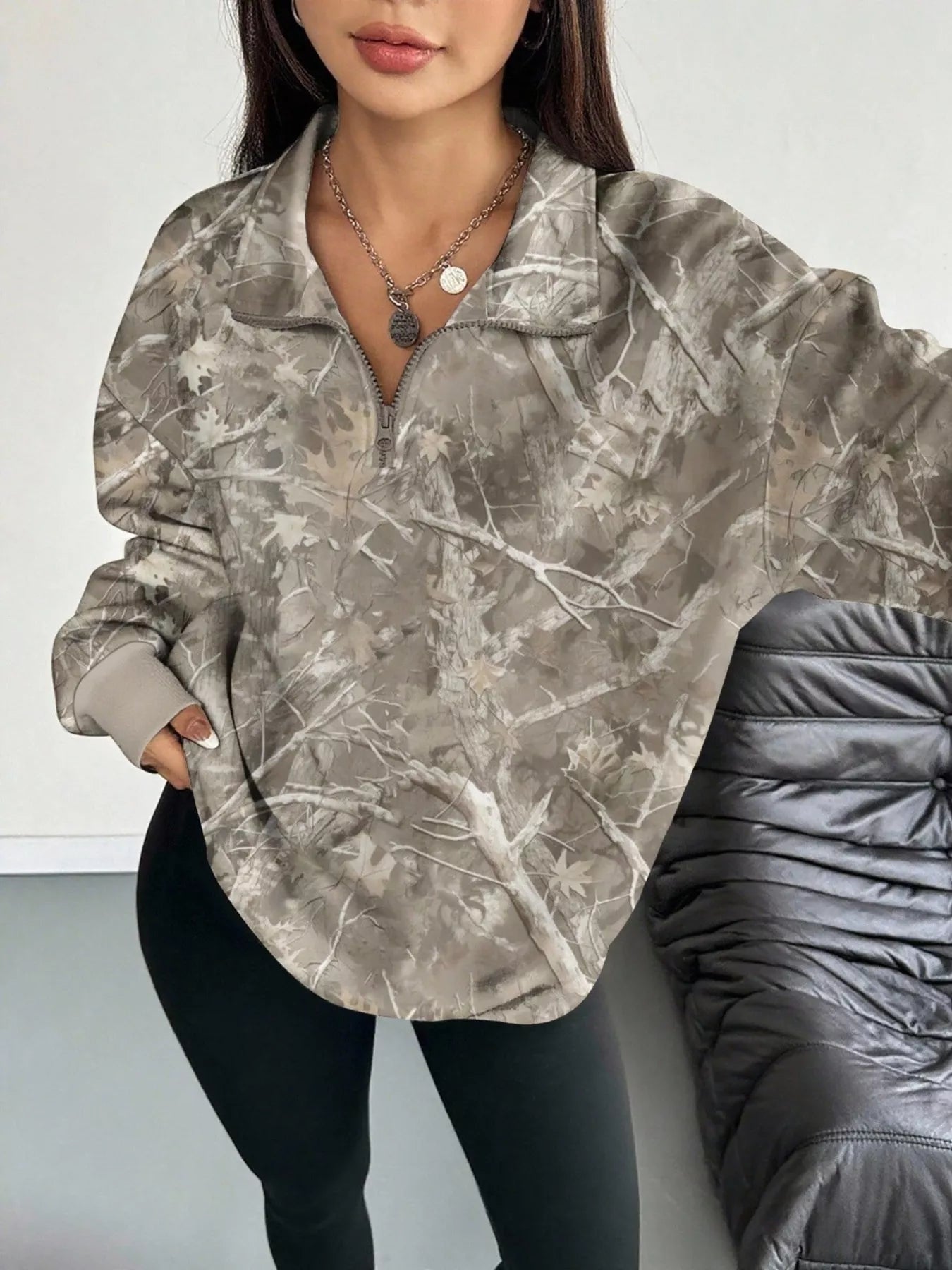 Quarter-Zip Printed Sweatshirt with Ribbed Cuffs