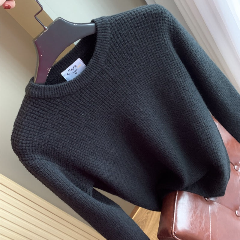 AutumnWinter Casual Solid-Color Crew-Neck Knit Sweater Top