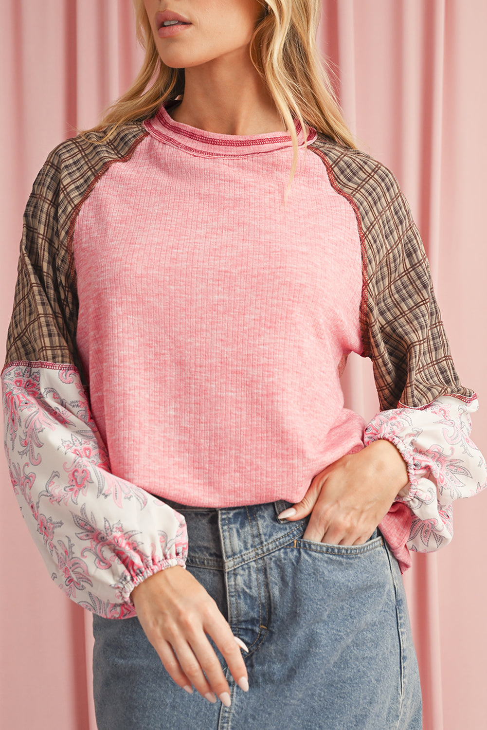 Top de canalé raglán con retazos de estampado mixto a cuadros florales Jet Stream
