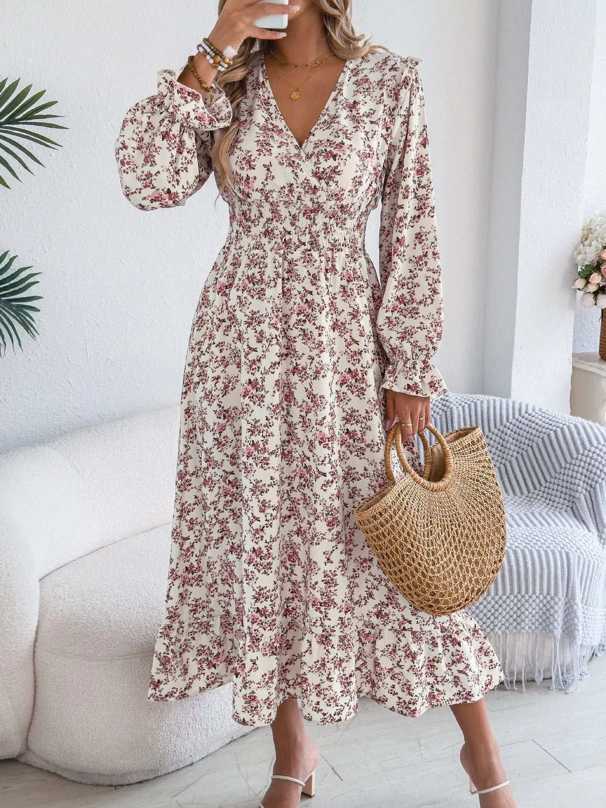 Ruffled Floral V-Neck Flounce Sleeve Dress