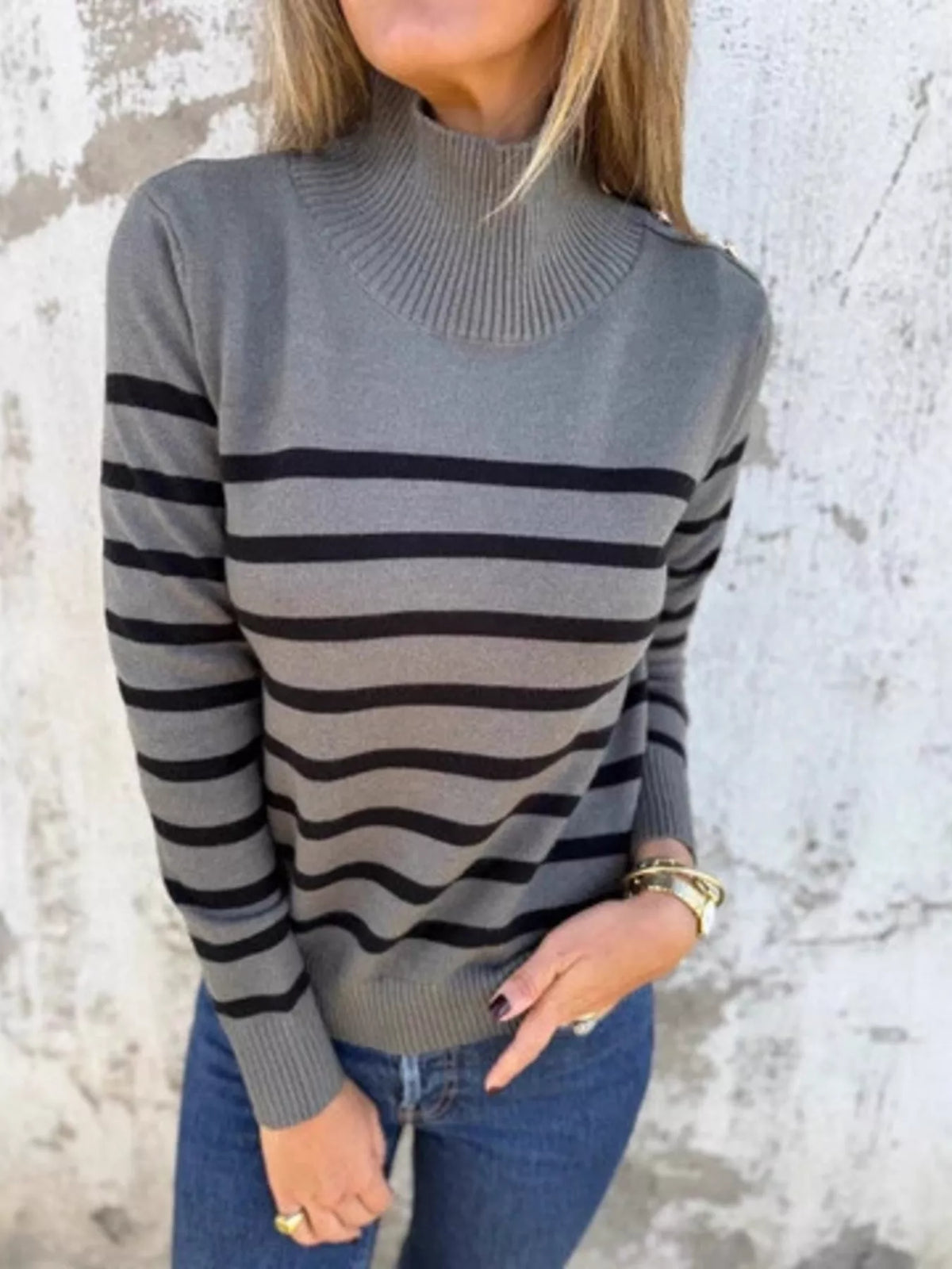 Full Size Striped Turtleneck Long Sleeve Sweater Plus Size
