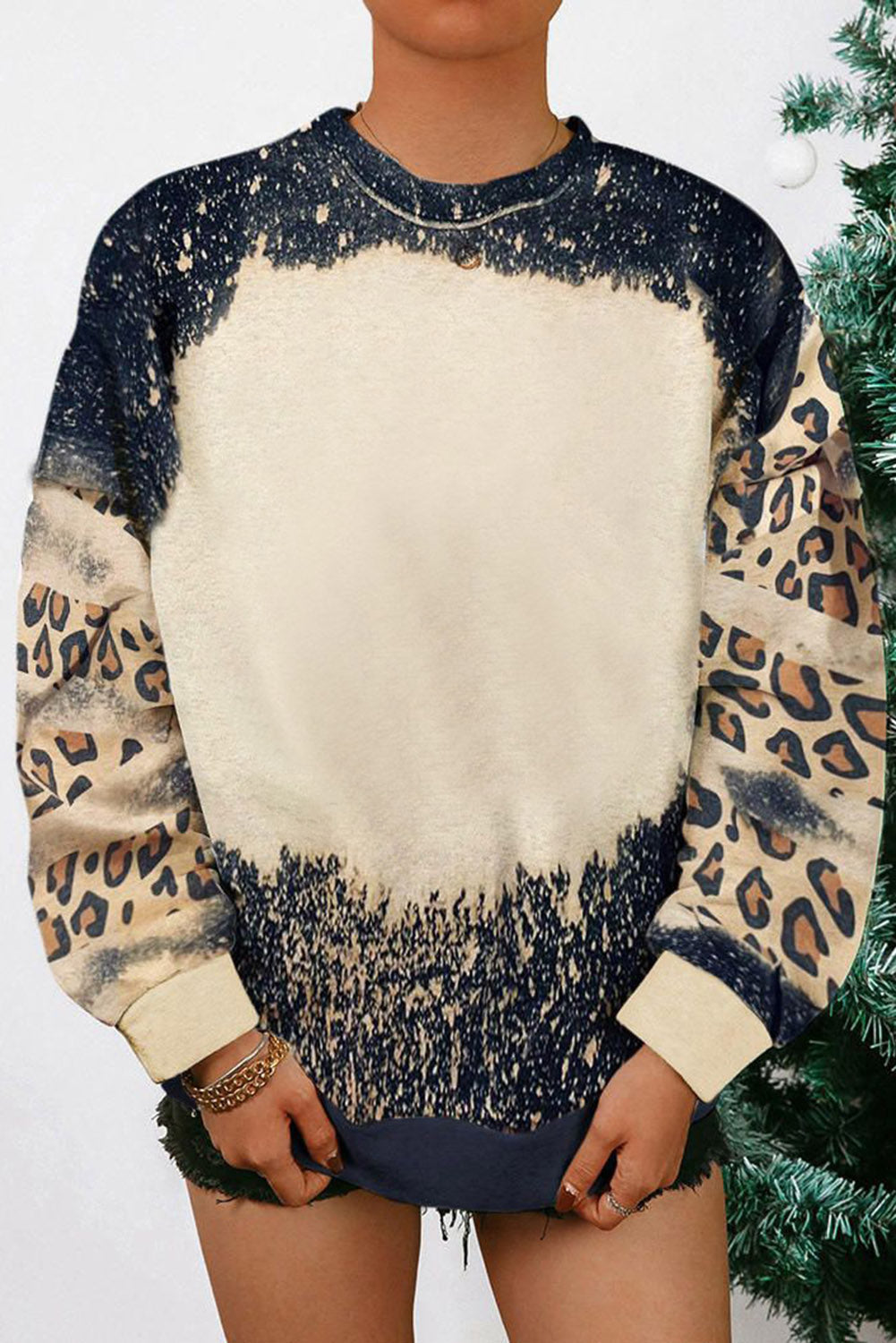 Sudadera con cuello caído, estampado de leopardo y teñido anudado negra