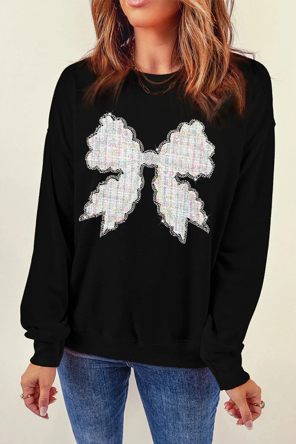 Sudadera de manga larga con cuello redondo y lazo en contraste