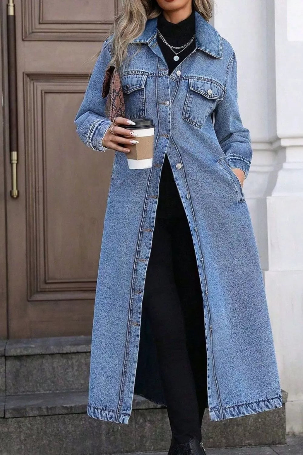 Longline Button-Down Denim Jacket
