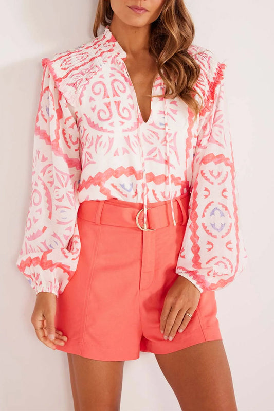 Blusa con estampado vintage Desert Flower, cuello de poeta fruncido y mangas blusón abullonadas