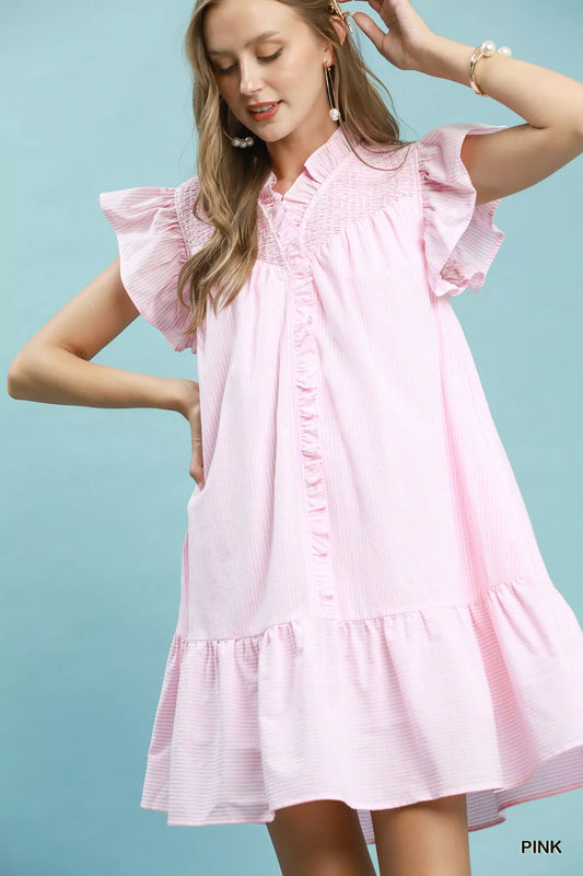 Umgee Stripe Smocked Yoke Ruffle Dress in Pink