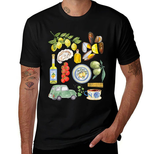 Camiseta con estampado gráfico de Scrapbook de Verano Italiano con Limoncello, Mariscos y Costa