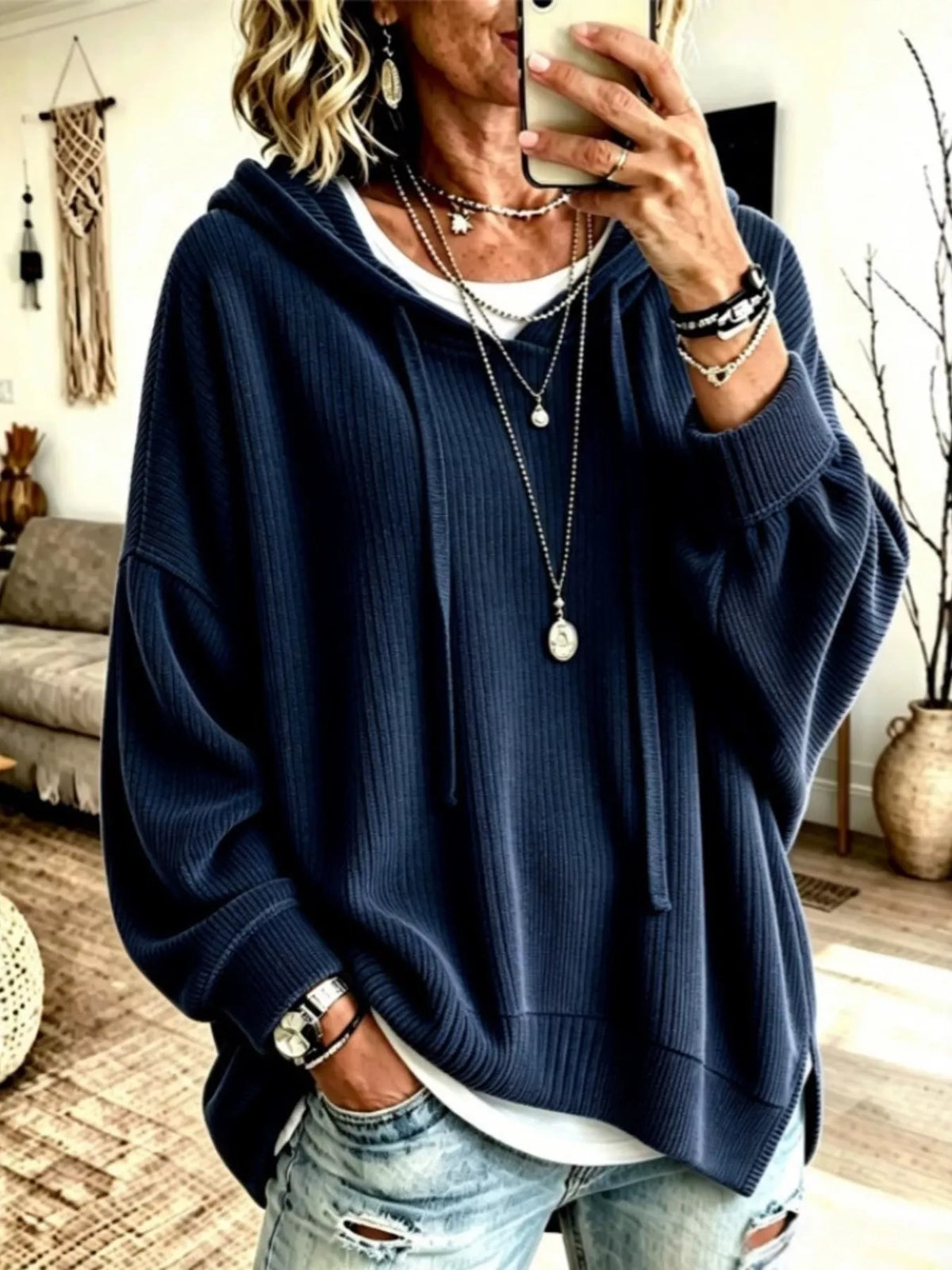 Drawstring Ribbed Knit Hoodie