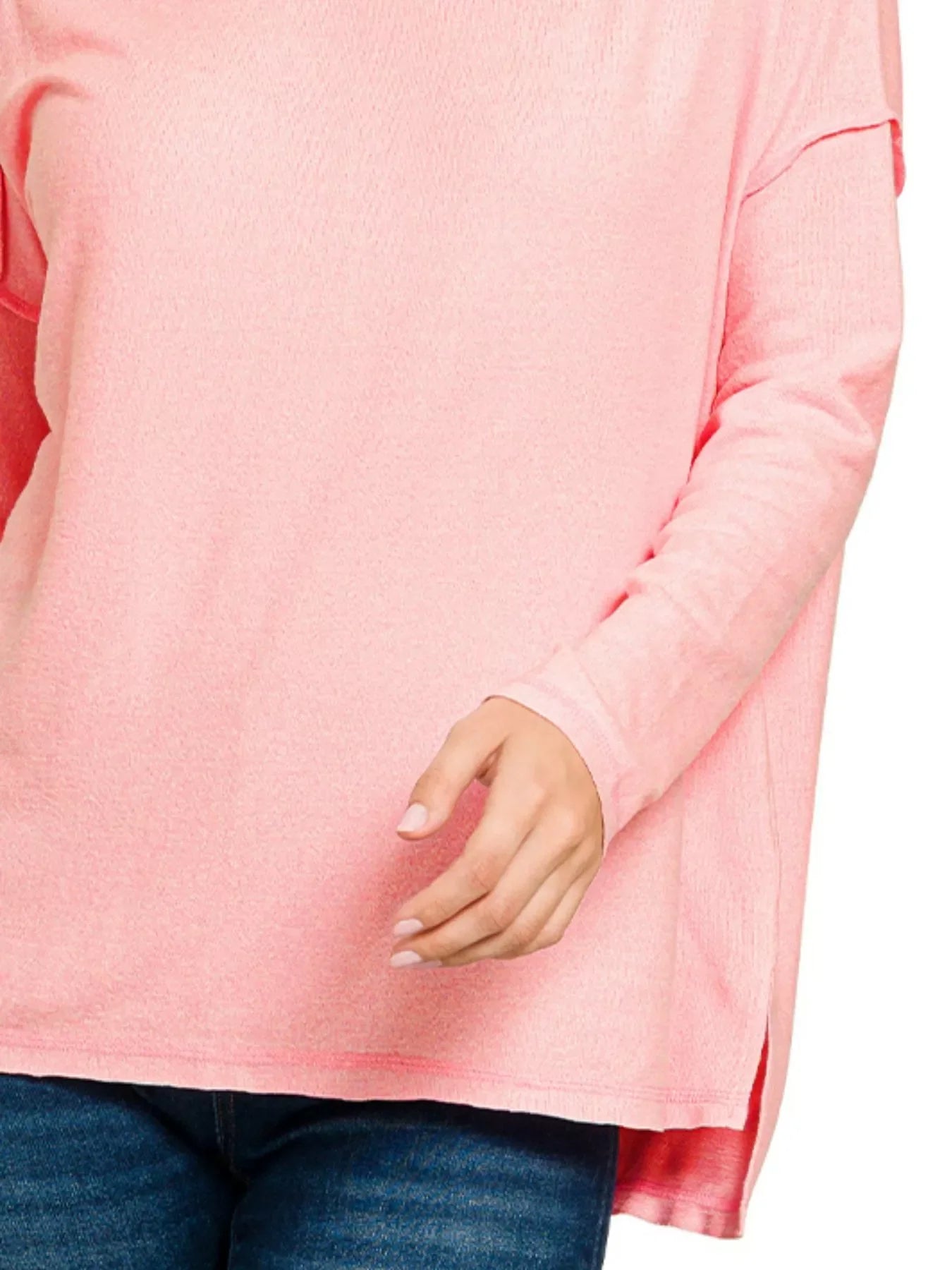 Zenana Camiseta Melange Hacci de Talla Grande con Costuras Vistas y Bajo Alto-Bajo