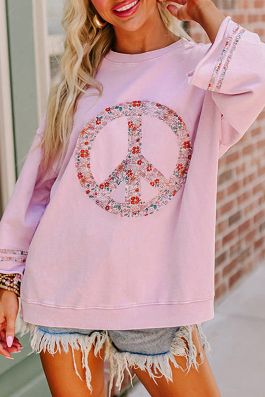 Top casual de manga ancha con caída de hombros y estampado floral de símbolo de la paz en rosa claro
