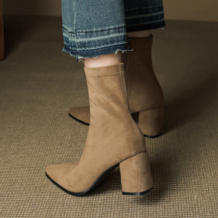 Women's High-Heel Stretch Side Zipper Block Heel Boots