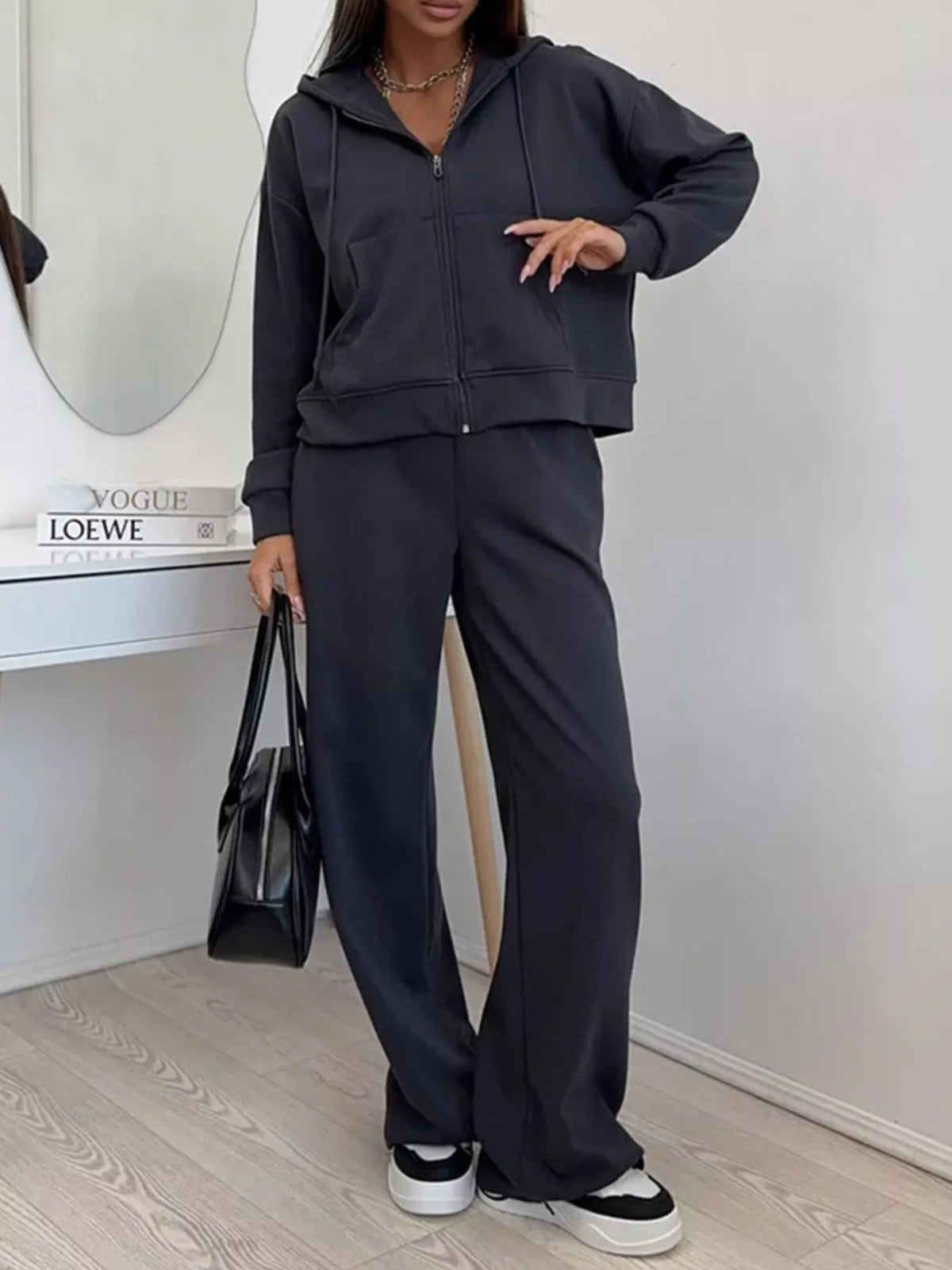 Zip-Up Hoodie and Wide-Leg Pants Set