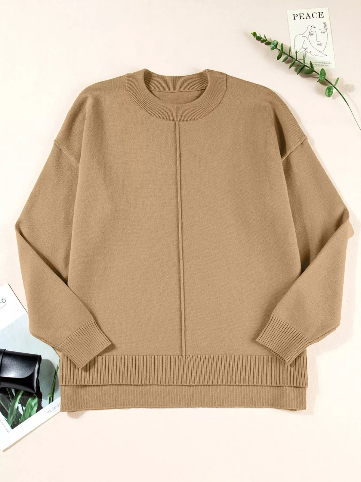 Center Seam Drop Shoulder Pullover Solid Sweater