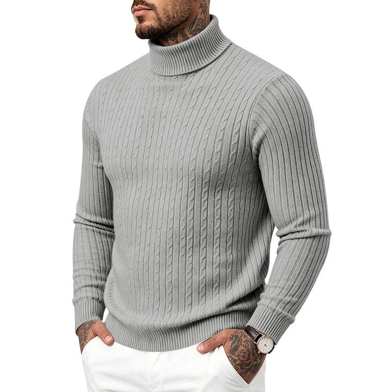 Mens Turtleneck Slim-Fit Vertical-Stripe Casual Long-Sleeve Sweater