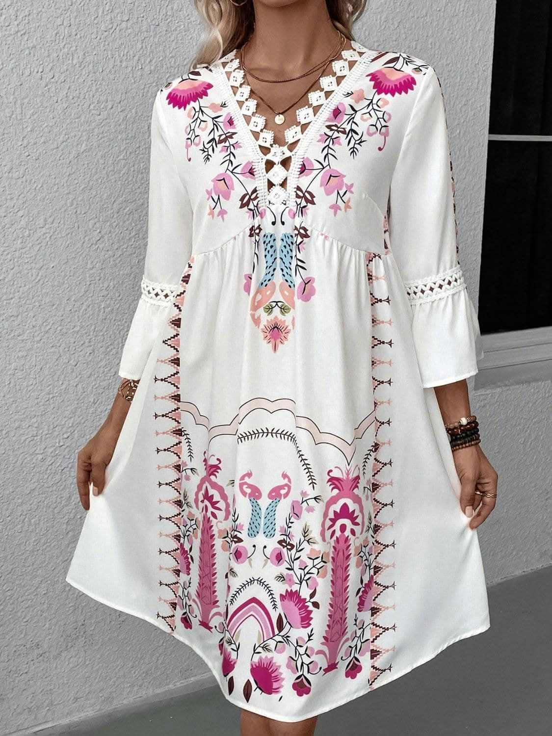Dresses Trendsi Lace Printed Three-Quarter Dress with Sheer Elegan