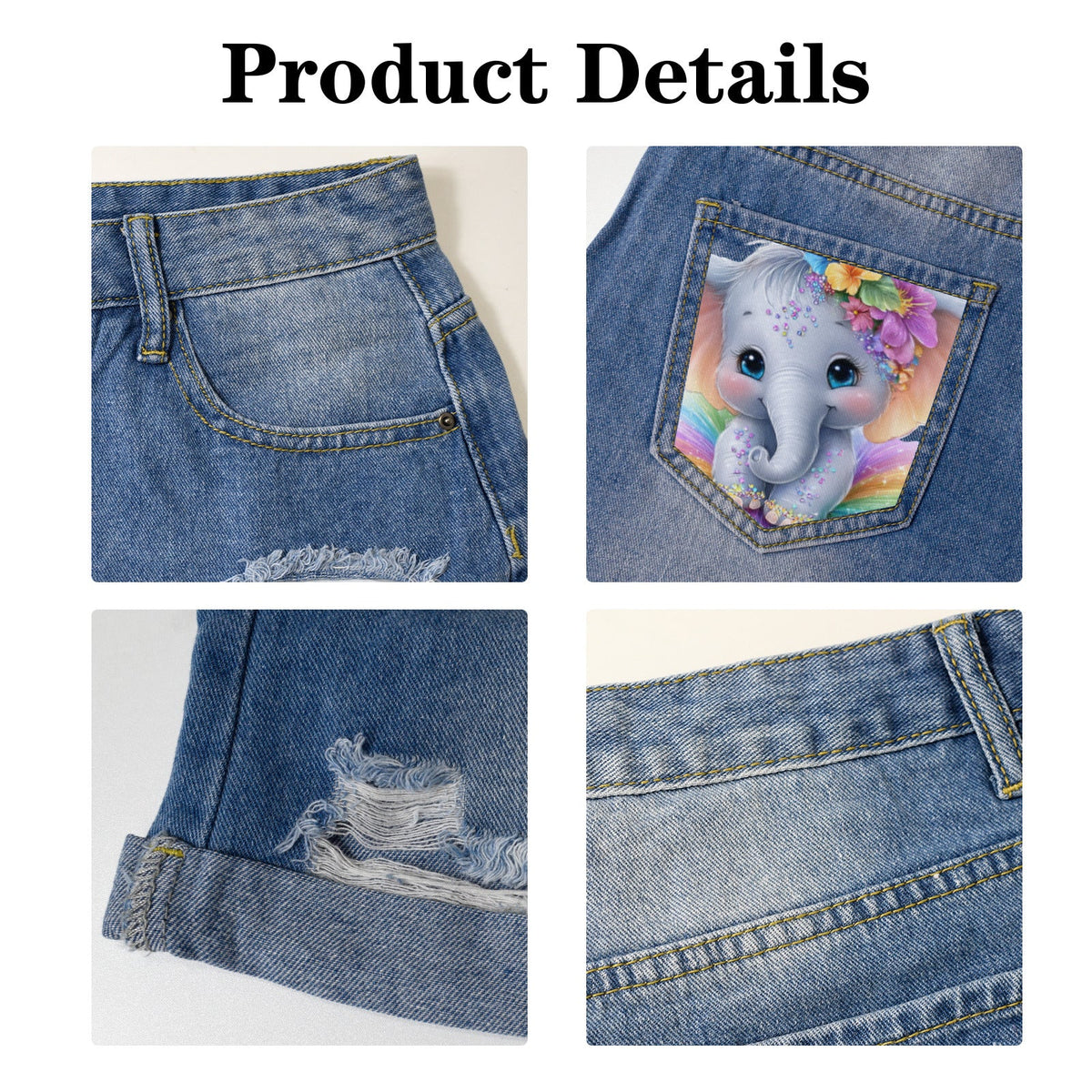 Cute Elephant Light Blue Denim Shorts with Dual Pockets Design
