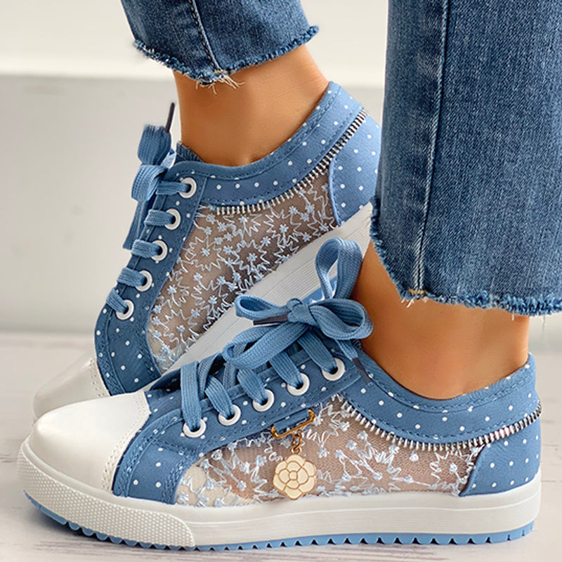 Zapatillas Informales de Lona con Estampado de Lunares y Bordado Floral para Mujer