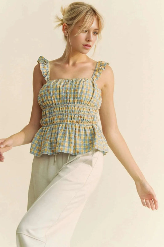 Camiseta sin mangas para mujer - Tirantes fruncidos a cuadros - Bonita