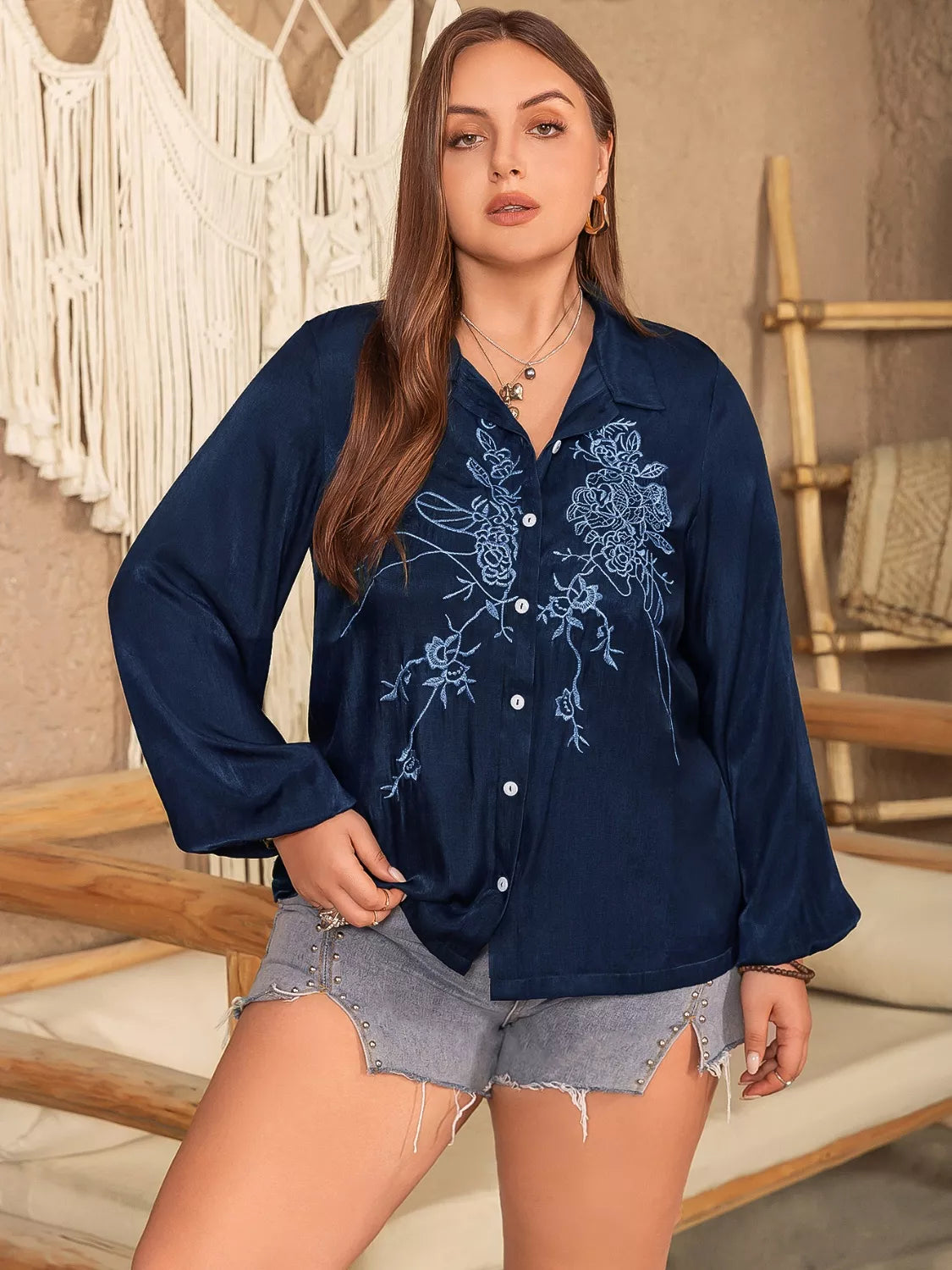 Plus Size Embroidered Long Sleeve Shirt