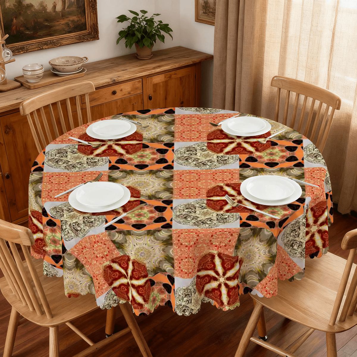 Heritage Revival Quilt Design Round Tablecloth with Wavy Edge - 60" x 60"