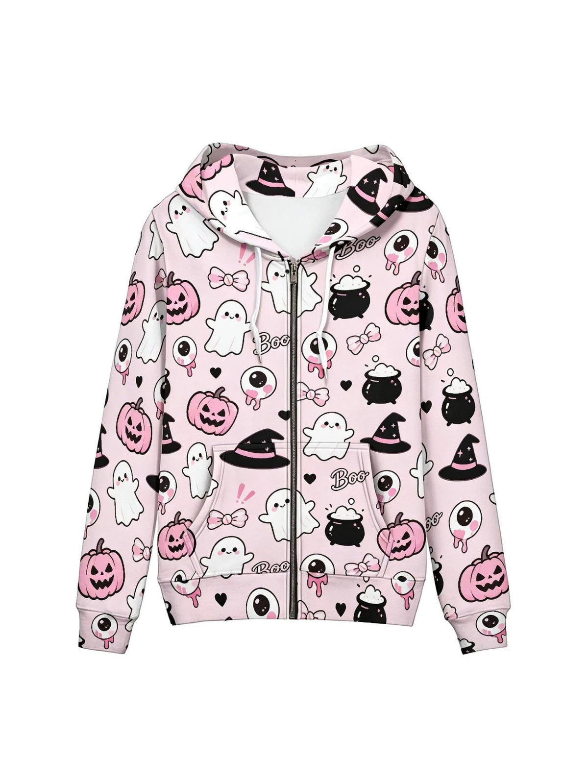 Western-style Halloween Printed Zip-up Hooded Sweatshirt For Women, Featuring A Dark, Sweet And Cool Style, Loose And Casual Long-sleeved Hoodie
