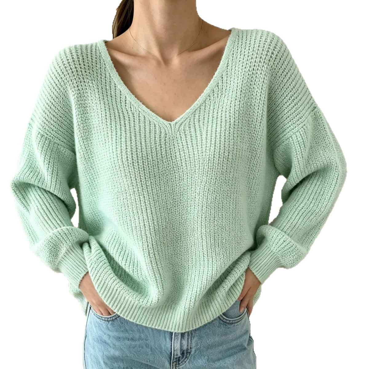 Thickened Long-sleeved Loose-fit V-neck Pullover Sweater For Women