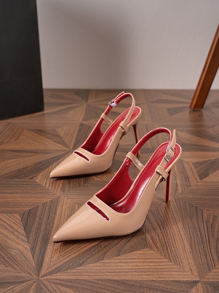 Nude Patent Leather Pointed Toe Slingback High Heels, Red Bottom Stiletto Pumps With Cutout Detail, Elegant Dress Shoes For Women