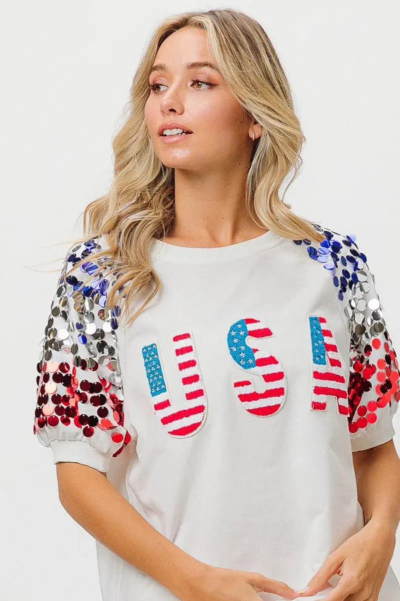 Women's T-Shirt Women's Tee - Sequin American Flag - Patriotic USA Made