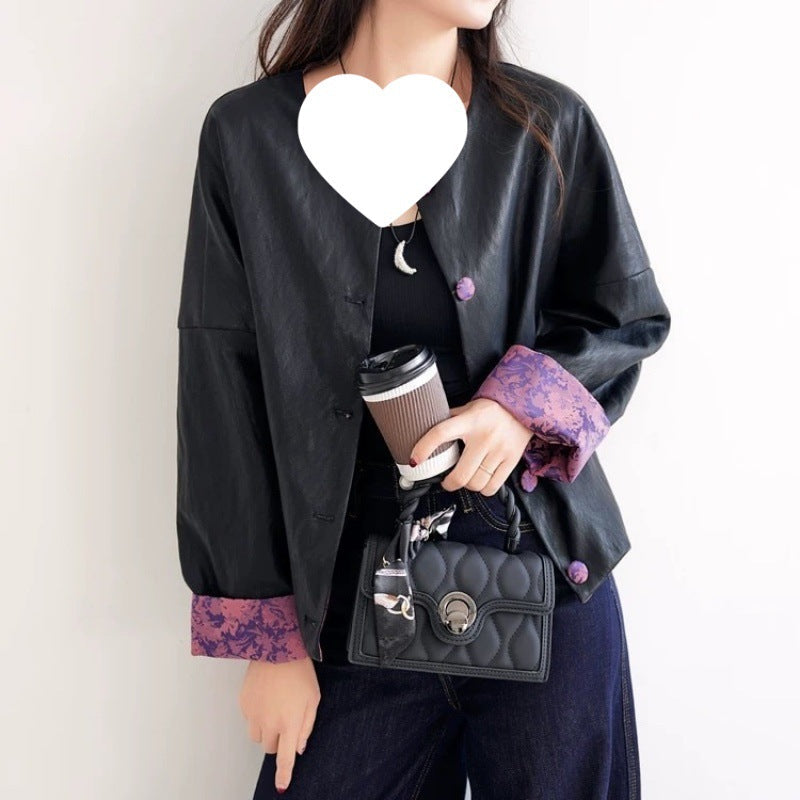 Retro Chinese-style Jacquard Patchwork Leather Jacket