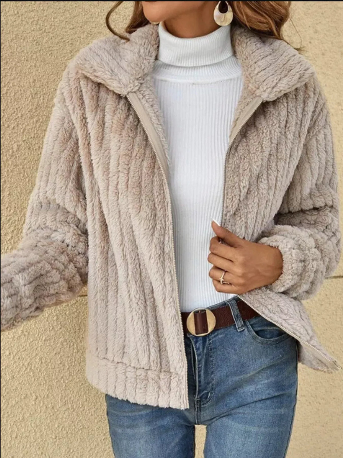 Full Size Zip-Up Long Sleeve Texture Jacket Plus Size