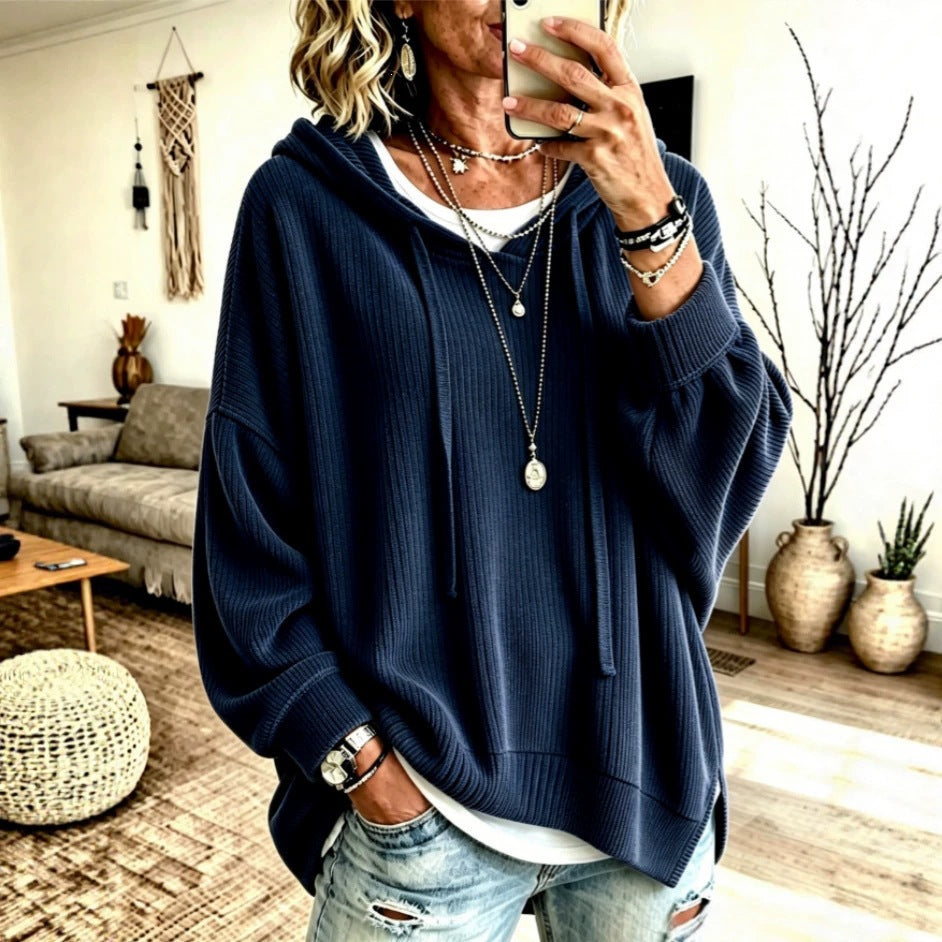 Women Ribbed Knit Drawstring Hoodie, Long Sleeve Drop Shoulder Slit Hem Loose Casual Sweatshirt