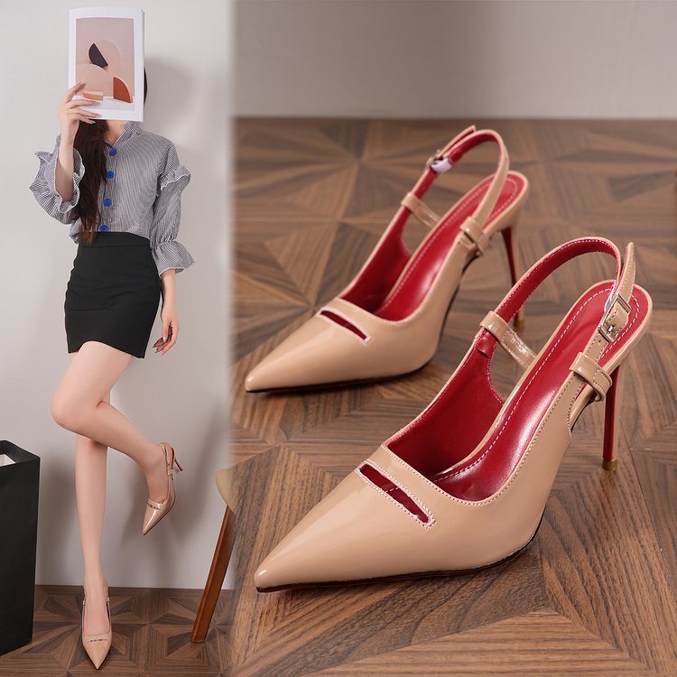 Nude Patent Leather Pointed Toe Slingback High Heels, Red Bottom Stiletto Pumps With Cutout Detail, Elegant Dress Shoes For Women