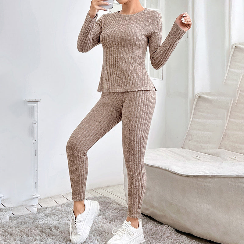 Conjunto de salón de camiseta de manga larga y pantalón de punto acanalado para mujer