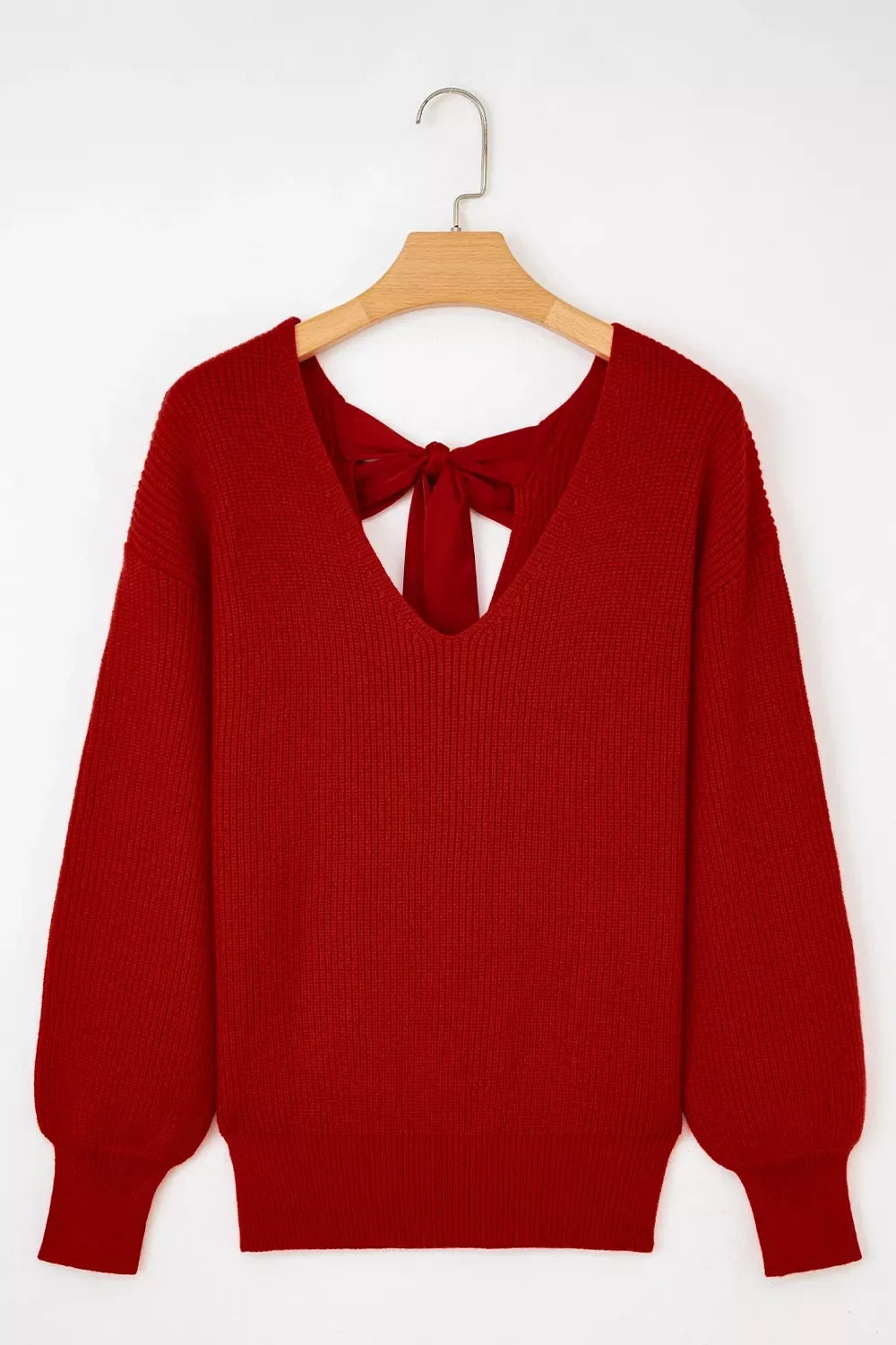 Lantern Sleeve V Neck Knot Back Sweater