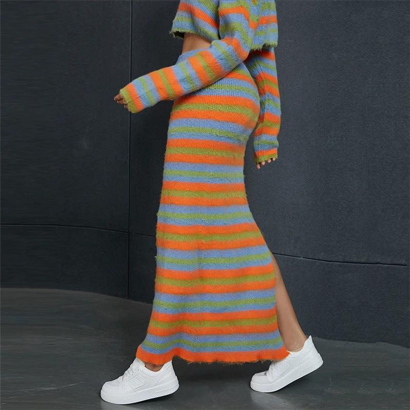Stripe Sweater Crop Top Matching Long Skirt Split