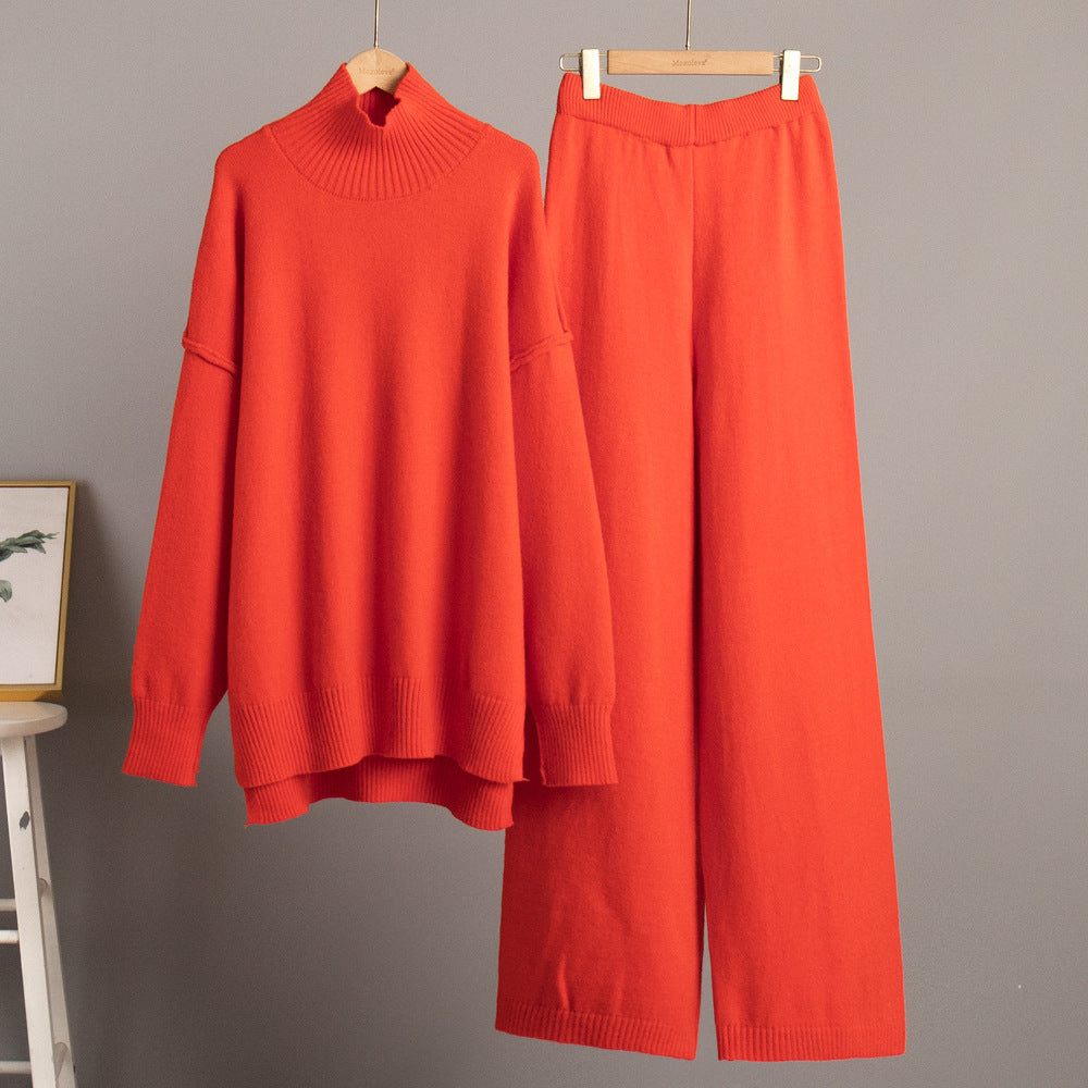 Women's Oversized High-Neck Sweater & Wide-Leg Knit Pants Set